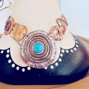 NECKLACE ~ Artistic Abstract Gold/Silver tones w/faux Turquoise Accent